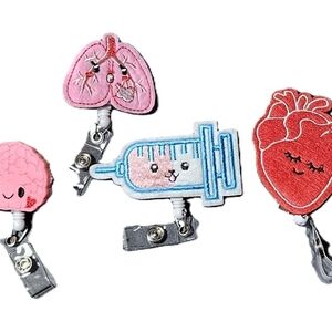 4 Pcs Nurse Badge Reel Clip Retractable ID Clip Brain, Heart, Syringe, and Lungs